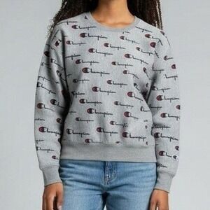 Champion‎ Sweatshirt Men Large Gray Reverse Weave All Over Print Activewear